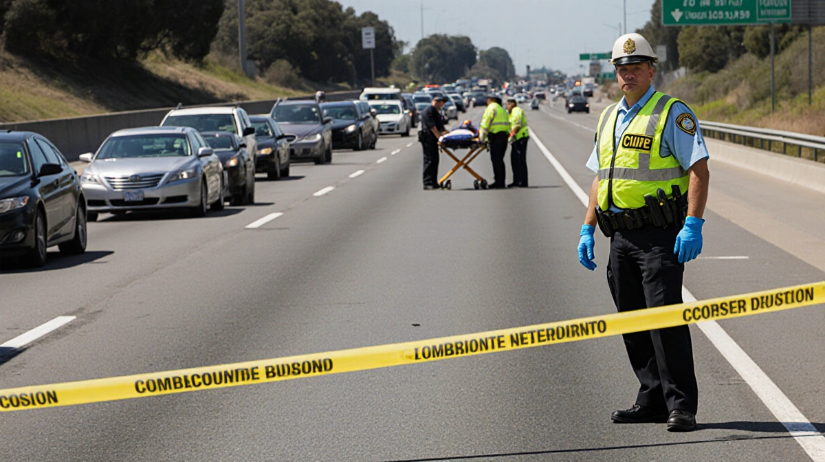 CHP officer blocking freeway lane with police tape and emergency responders treating victim on stretcher in background