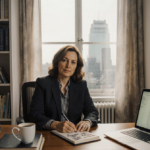 Freida McFadden sits with a laptop displaying her manuscript and a cup of coffee beside her among stacks of medical books