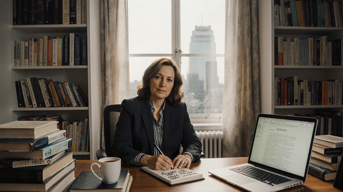 Freida McFadden sits with a laptop displaying her manuscript and a cup of coffee beside her among stacks of medical books