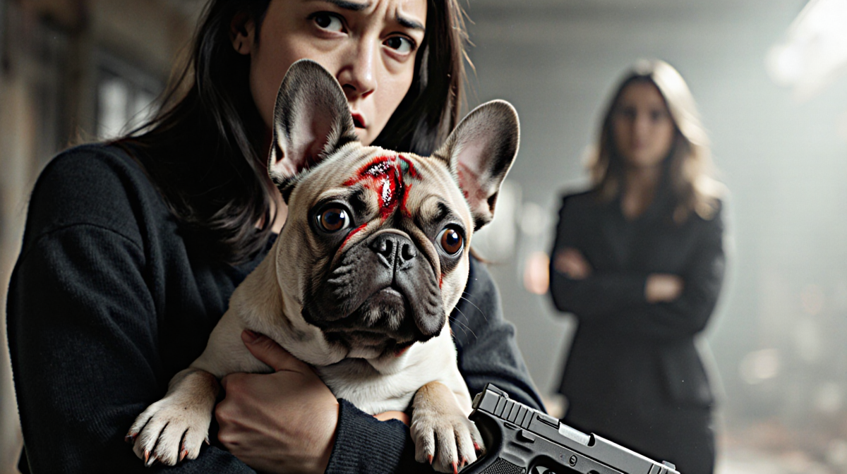 Person holding a French Bulldog with a shocked expression and a bullet wound on the dog's forehead while a gun lies nearby.