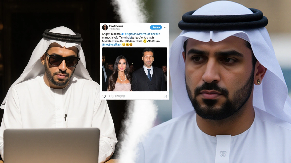 French Montana scrolls on phone with blurred Sheikha Mahra divorce post in background and Sheikh Mana in faded side