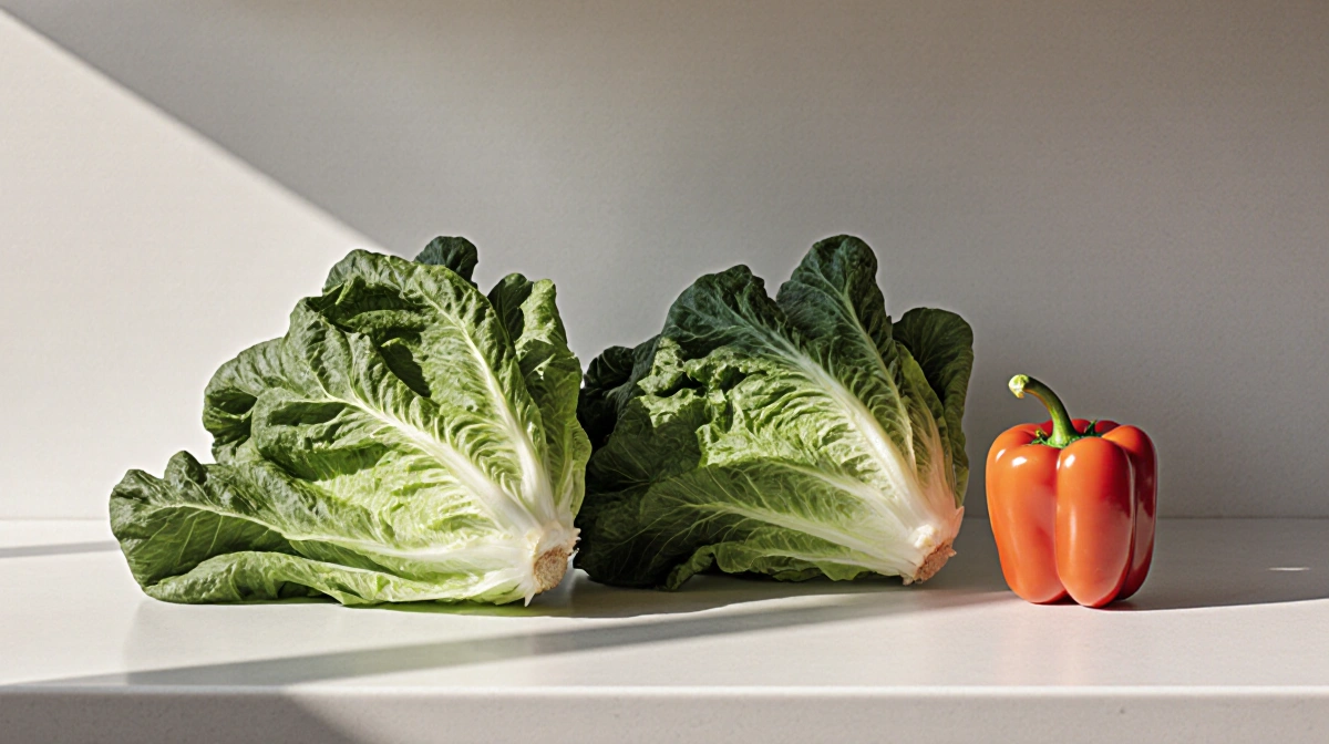 Fresh lettuce and crisp peppers arranged symmetrically on counter with soft natural light highlighting their quality