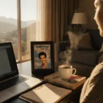 Young filmmaker reviewing script on laptop with Fresh Prince book and framed photo showing warm Bel-Air sunset view