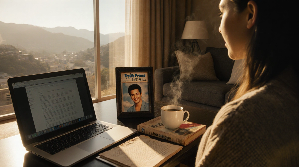 Young filmmaker reviewing script on laptop with Fresh Prince book and framed photo showing warm Bel-Air sunset view
