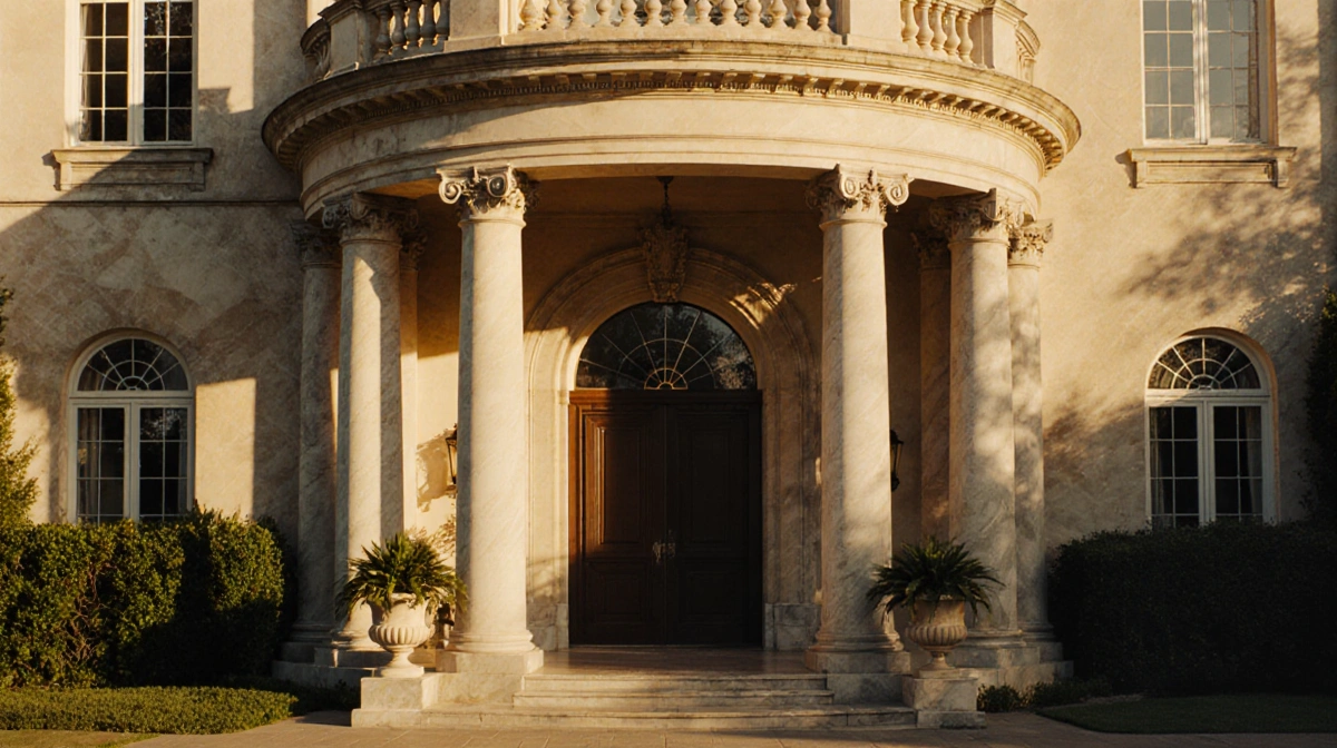Fresh Prince mansion glowing with golden light and ornate columns with potted plants and lush greenery