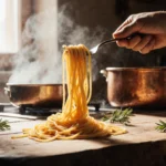 Chef twirls fresh golden spaghetti around fork with rosemary sprigs on rustic wooden table and copper pot simmering behind