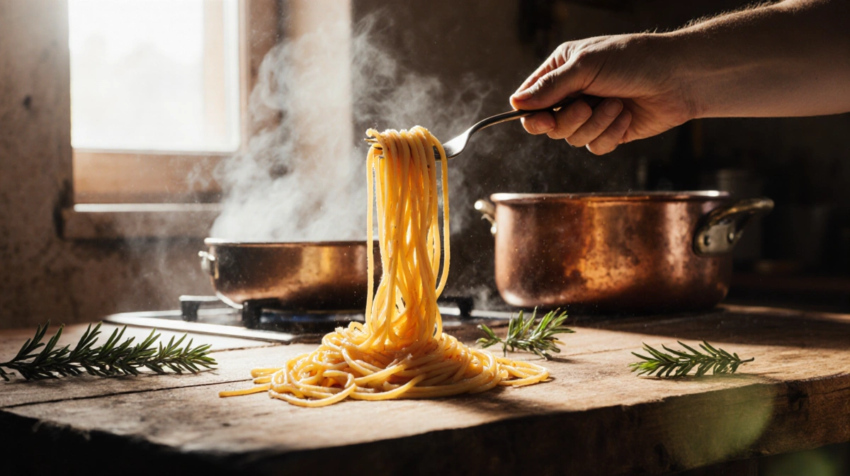 Chef twirls fresh golden spaghetti around fork with rosemary sprigs on rustic wooden table and copper pot simmering behind
