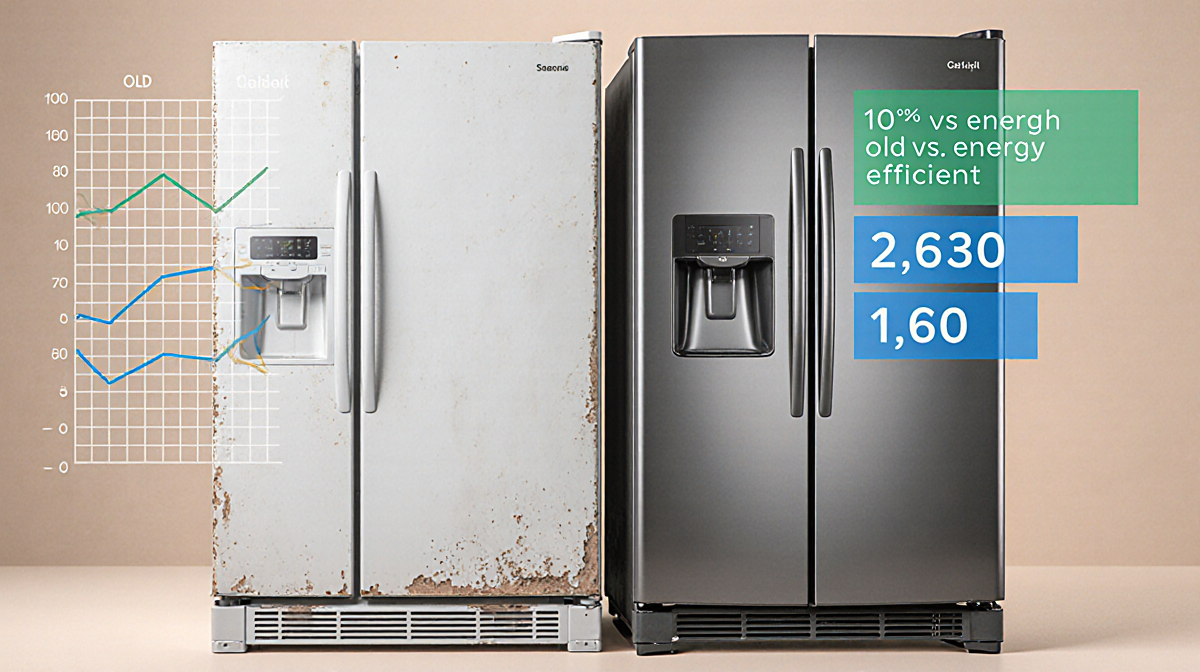 Two fridges contrast side by side with subtle color differences and a faint grid overlay showing data comparison