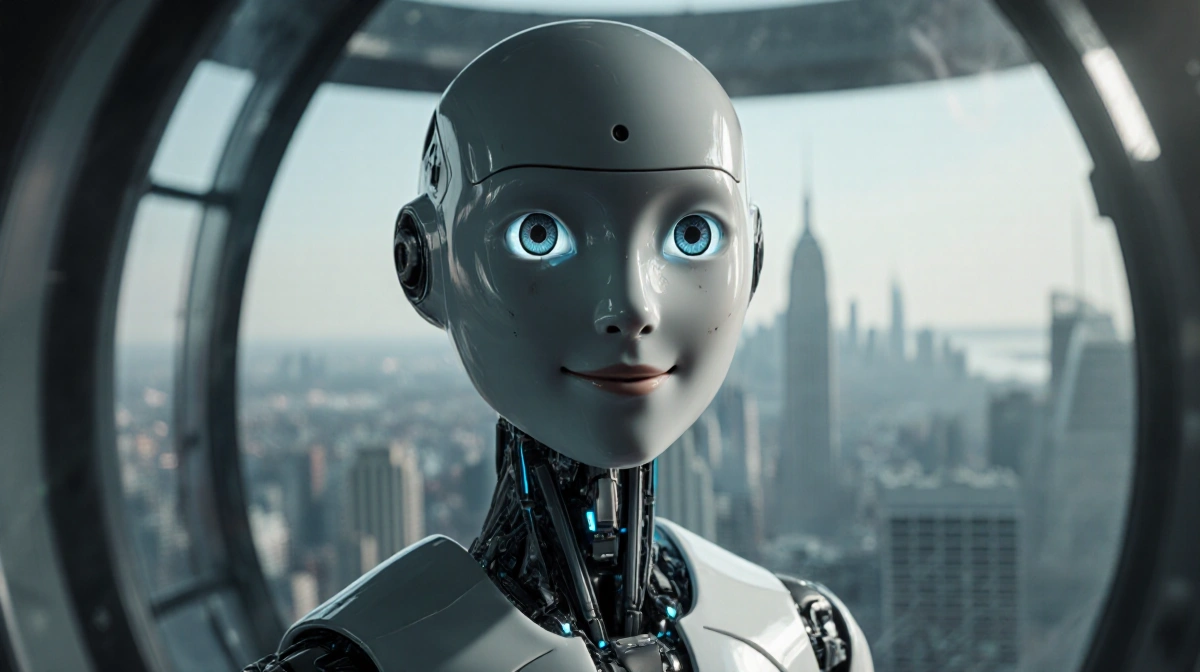 Friendly humanoid robot smiling with gentle eyes and slender body standing near glass wall showing cityscape