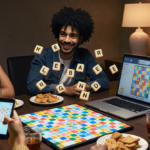Friends play on a colorful digital game board with floating words and letters while enjoying snacks and drinks