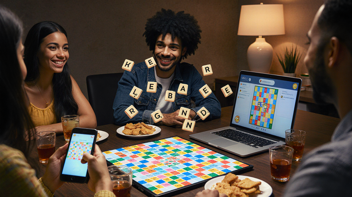 Friends play on a colorful digital game board with floating words and letters while enjoying snacks and drinks