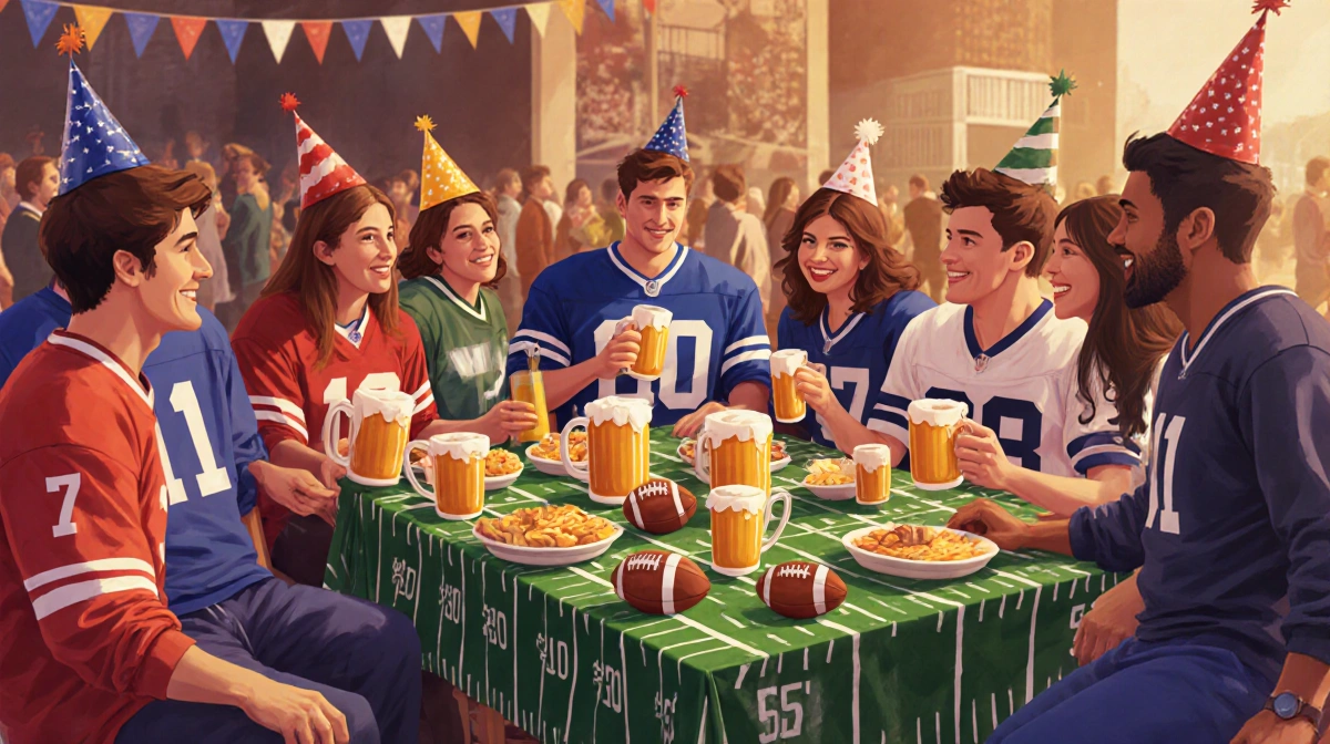 Friends wearing football jerseys enjoy snacks and drinks at party table with mini footballs and beer steins