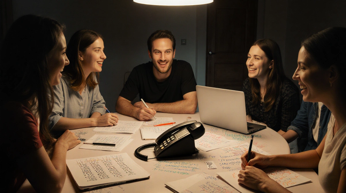 Friends animatedly discussing over laptops with notes and phone open in center.