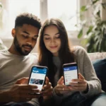 Friends sitting on couch looking at phones in soft natural light near greenery.