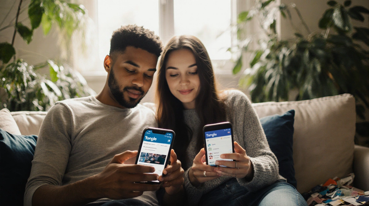Friends sitting on couch looking at phones in soft natural light near greenery.