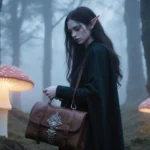 Frieren stands in misty forest glade with glowing mushrooms illuminating her dark hair and worn leather satchel