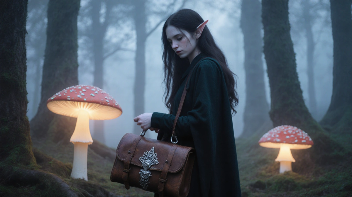 Frieren stands in misty forest glade with glowing mushrooms illuminating her dark hair and worn leather satchel
