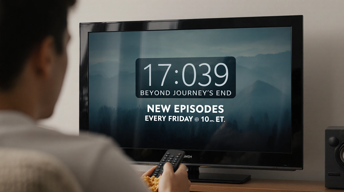 TV screen shows Frieren anime episode schedule with countdown timer and person relaxing with remote nearby