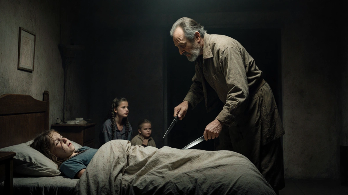 A man threatening a frightened girl in bed with her younger sister watching in the dim bedroom