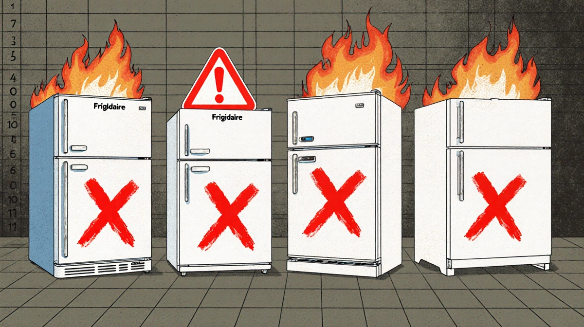 Four Frigidaire mini fridges marked with red X symbols in a grid layout with warning signs and flames indicating recalled mod