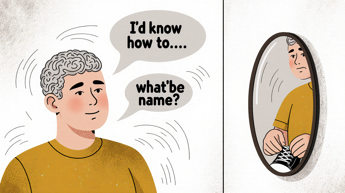 Person tying shoelaces with speech bubbles about forgetting and confusion frontotemporal dementia and blurred mirror reflecti