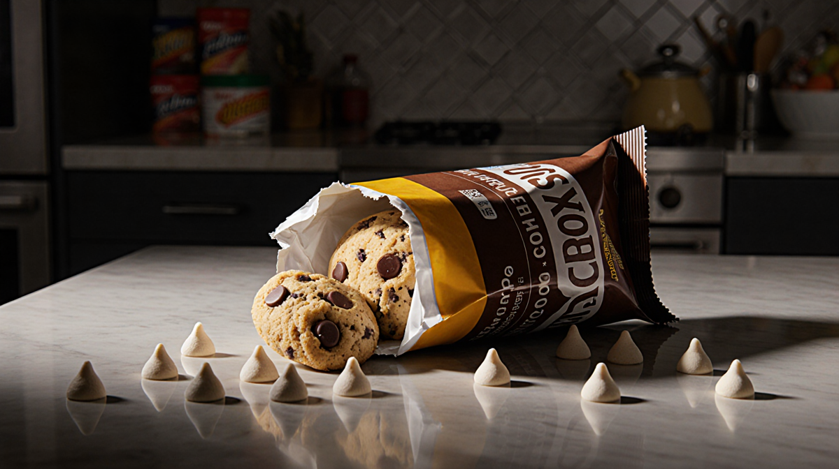 Frozen cookie dough bag knocked over spilling white chocolate chips with golden light on kitchen counter