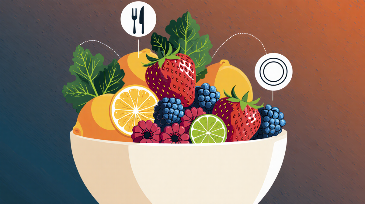 Fruit bowl displays a pyramid of colorful berries, citrus and leafy greens with healthy eating icons of fork and knife