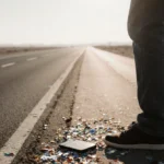 Frustrated person stands at roadside with broken phone on pavement and empty highway stretching ahead