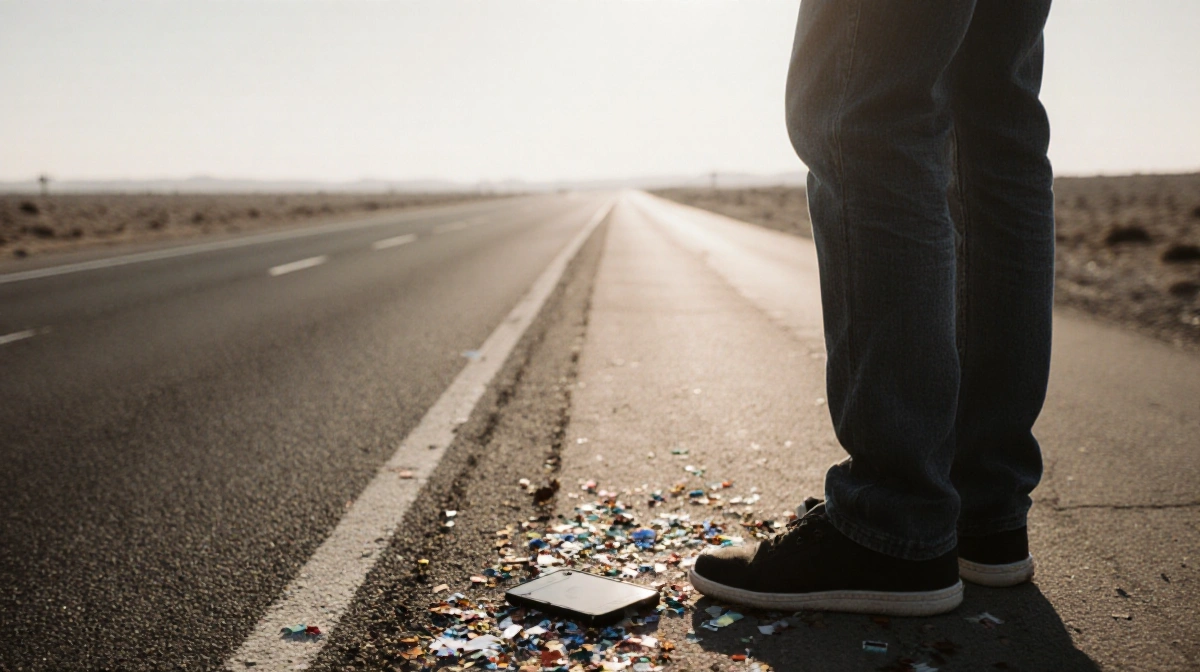 Frustrated person stands at roadside with broken phone on pavement and empty highway stretching ahead