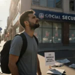 Man stands outside Social Security office with angry expression and protest signs at his feet