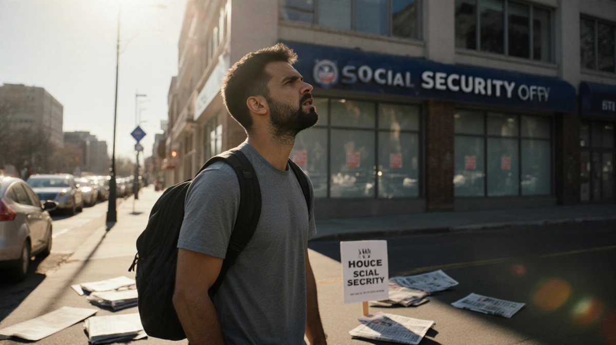 Man stands outside Social Security office with angry expression and protest signs at his feet
