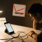Frustrated person sitting at kitchen table with phone showing no service error and tangled chargers scattered around
