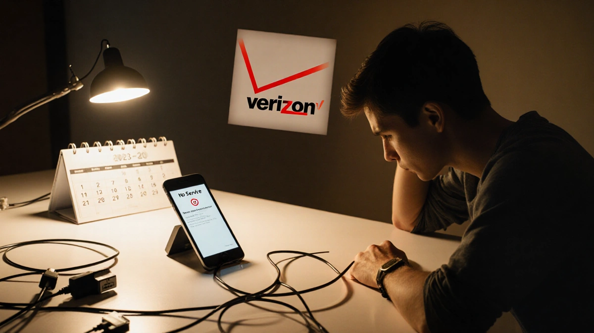 Frustrated person sitting at kitchen table with phone showing no service error and tangled chargers scattered around