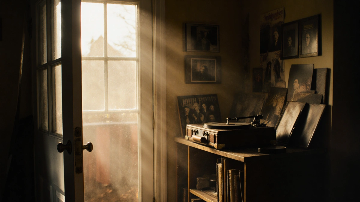 Golden afternoon light streams through the windows of a Massachusetts home with a vintage record player and Fugees memorabili