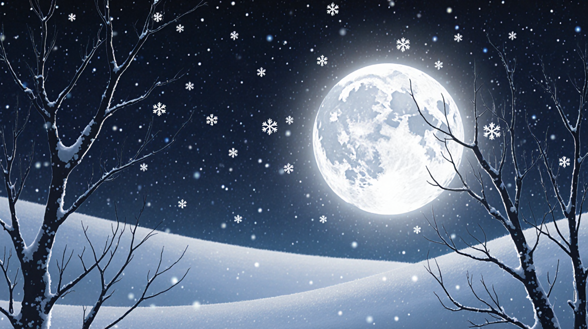 Full moon glowing over snowflakes falling with bare trees silhouetted below