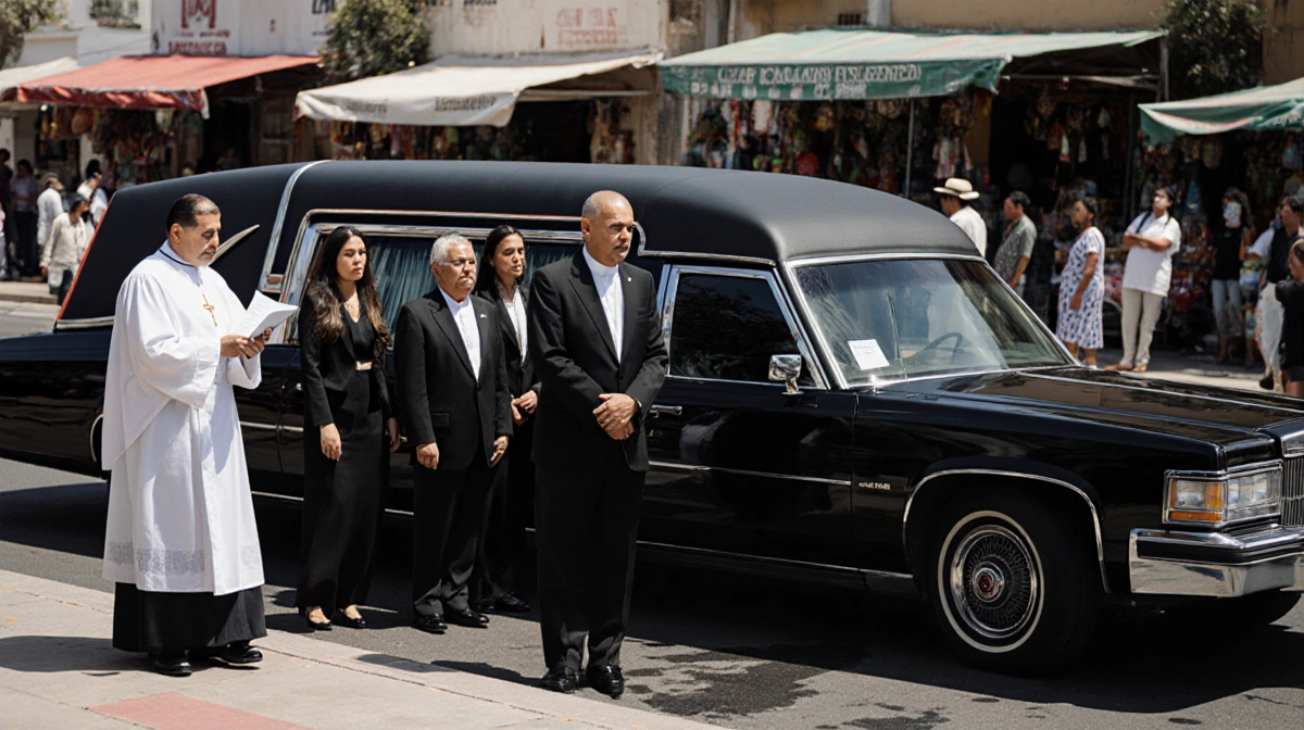 Mourners follow a hearse through Ensenada streets with priest and family gathered near the casket