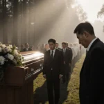 Funeral procession moves through mist with casket and Paul Kim weeping and a sunbeam.