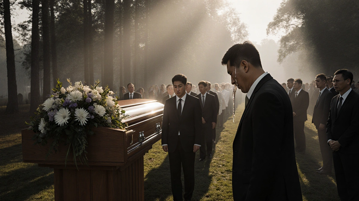 Funeral procession moves through mist with casket and Paul Kim weeping and a sunbeam.
