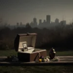Lone urn sits on worn wooden bench with scattered flowers and antique locket showing faded family photo