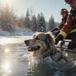 Rescue boat navigating icy waters with a furry dog emerging and firefighters guiding it toward safety