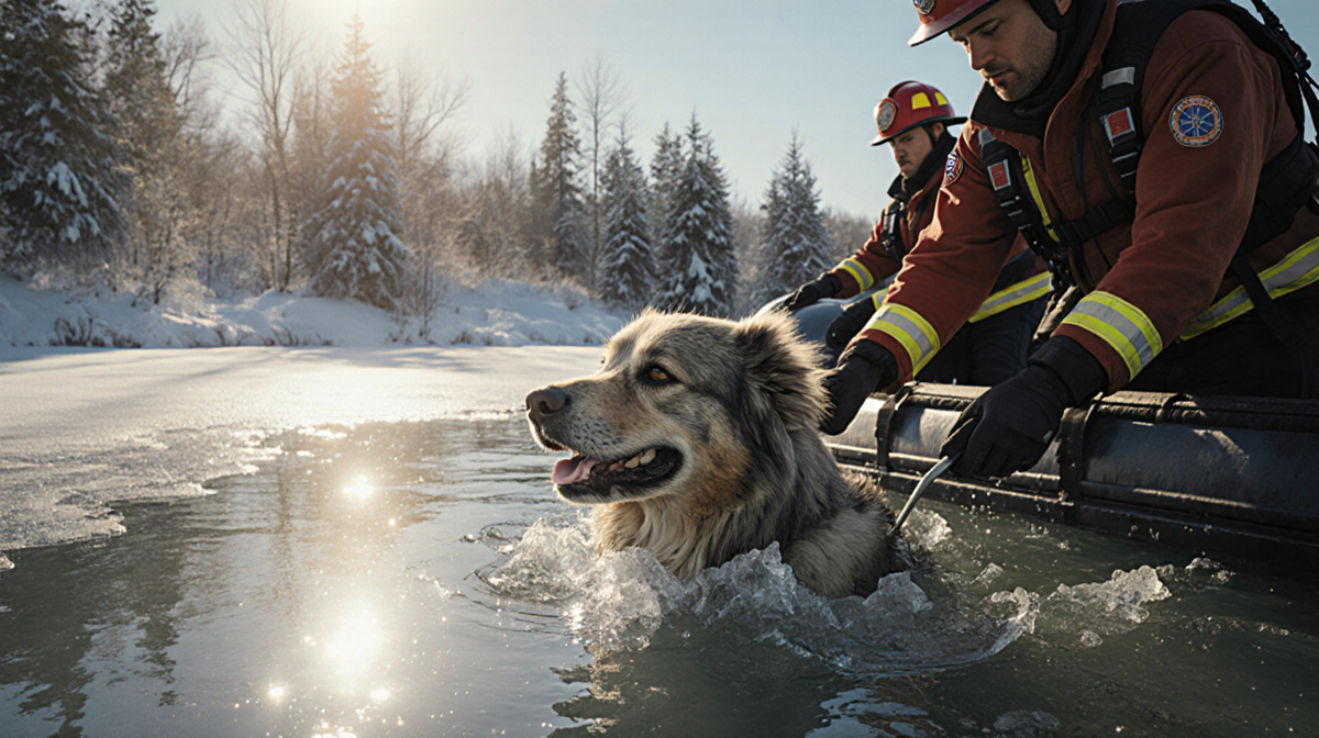 Rescue boat navigating icy waters with a furry dog emerging and firefighters guiding it toward safety