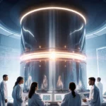 Young scientists operating control panel near sleek tokamak with glowing LED lights in futuristic lab