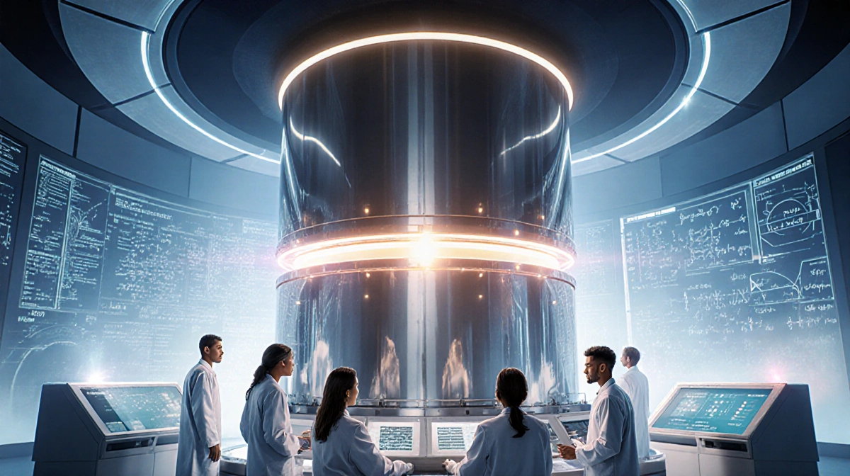 Young scientists operating control panel near sleek tokamak with glowing LED lights in futuristic lab