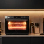 AI oven glowing in futuristic kitchen with cold brew maker and smart lock on cabinet