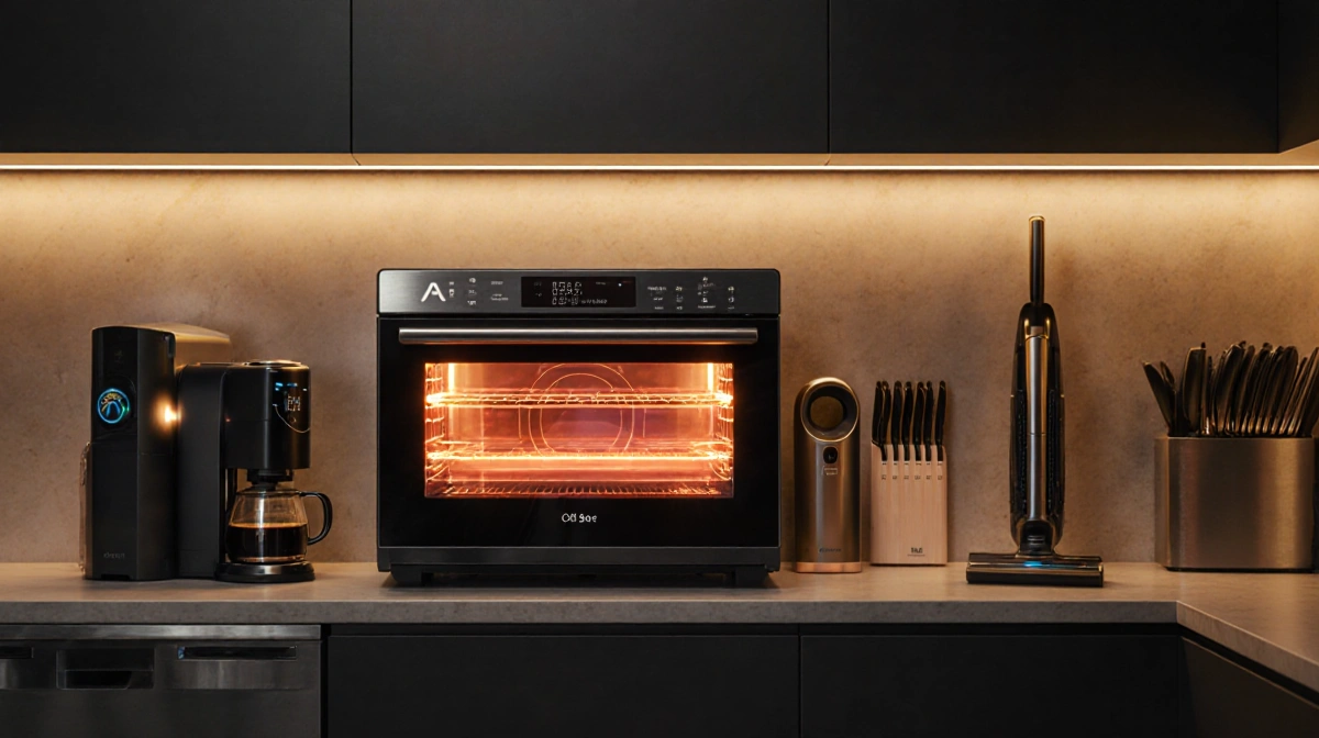 AI oven glowing in futuristic kitchen with cold brew maker and smart lock on cabinet