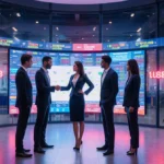 Business professionals analyzing digital banking technology with curved touchscreen and neon-lit stock displays