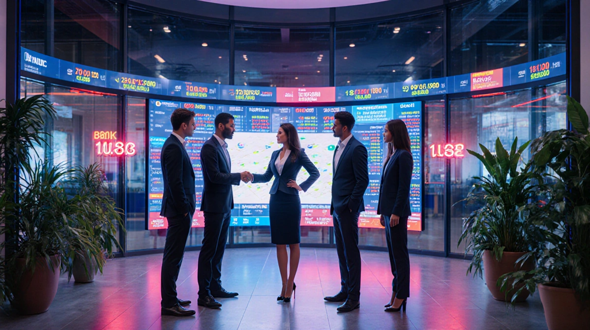Business professionals analyzing digital banking technology with curved touchscreen and neon-lit stock displays