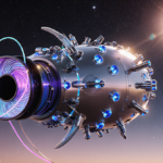 Futuristic centauri emits swirling filament with star glow and blue-purple metallic body reflecting gemstone light