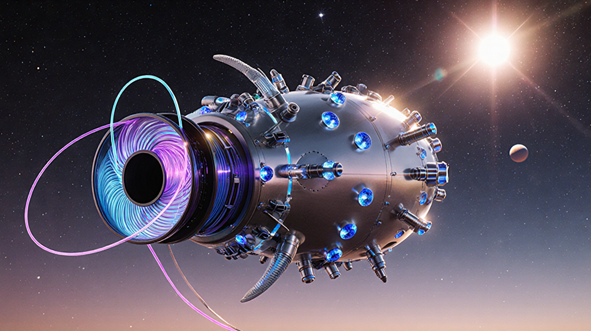 Futuristic centauri emits swirling filament with star glow and blue-purple metallic body reflecting gemstone light