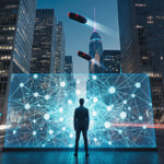 Person standing beside holographic display showing cryptocurrency AI network with futuristic city skyline in background